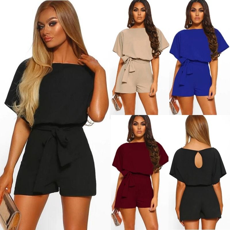 Fashion Solid Color Spandex Silk Shorts Belt Rompers