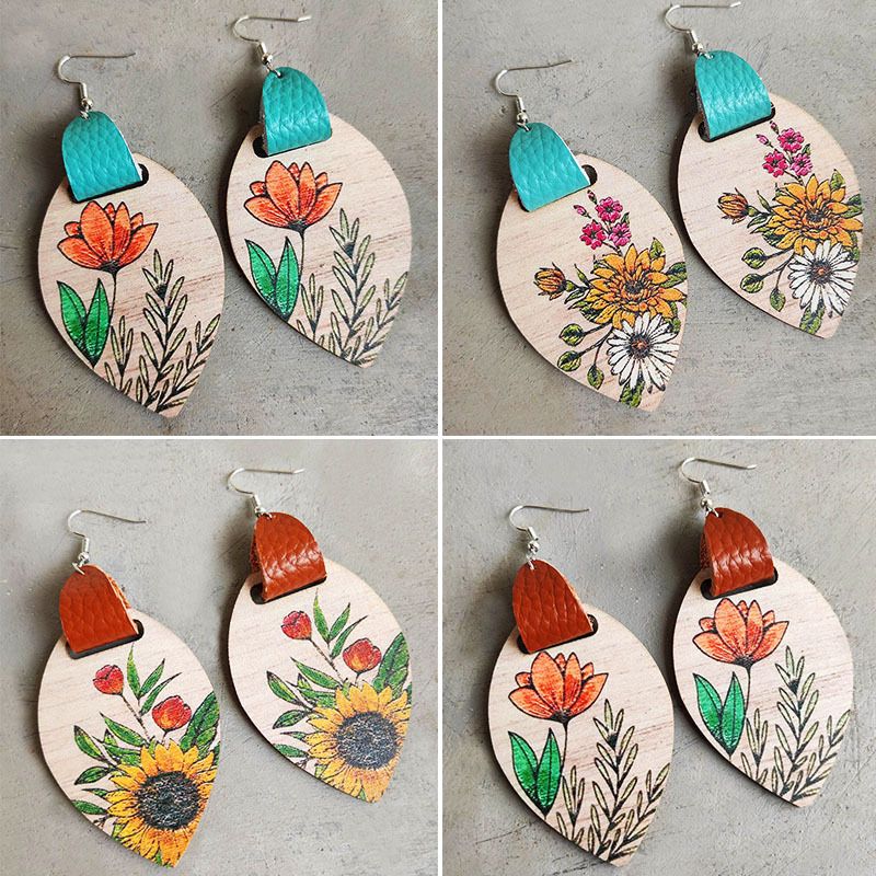 1 Pair Bohemian Flower Wood Women's Drop Earrings