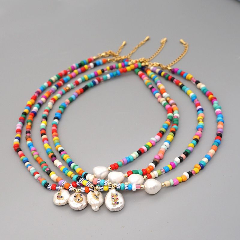 Fashion Letter Mixed Materials Beaded Rhinestones Pearl Women's Necklace
