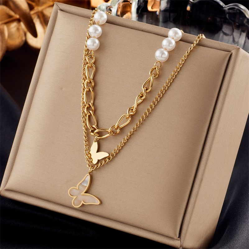 Retro Fashion Korean Style Butterfly Titanium Steel Plating Artificial Pearls Layered Necklaces 1 Piece