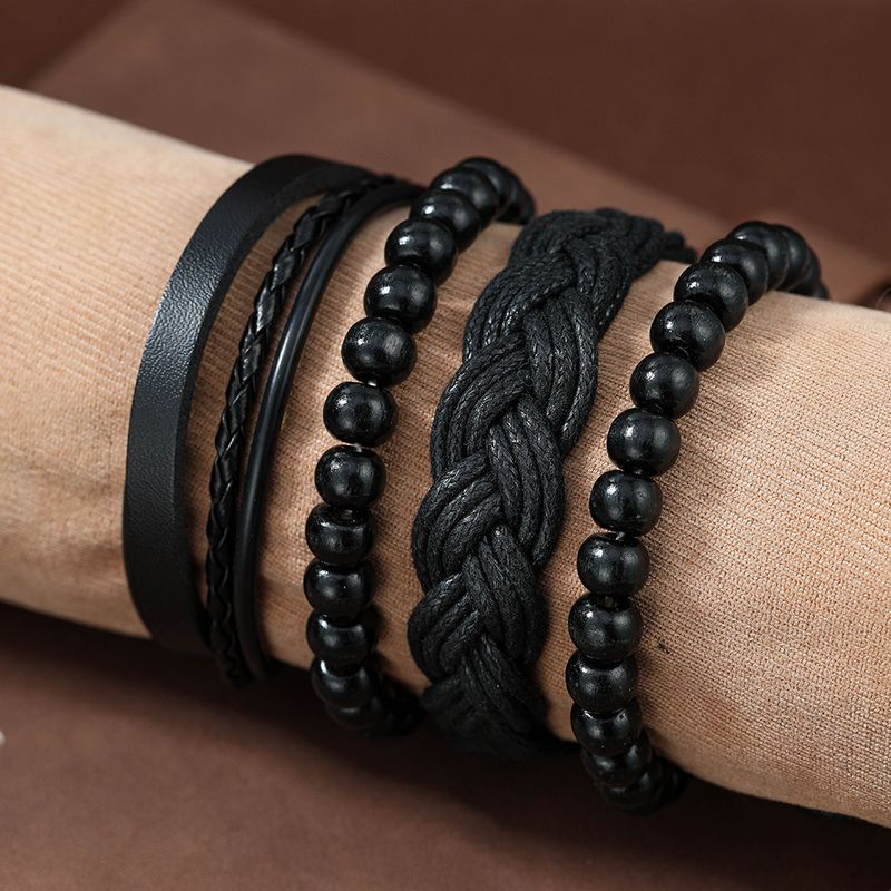 Ensemble De 4 Pièces Décontractée Couleur Unie Tourner Perlé Faux Cuir Hommes Bracelets