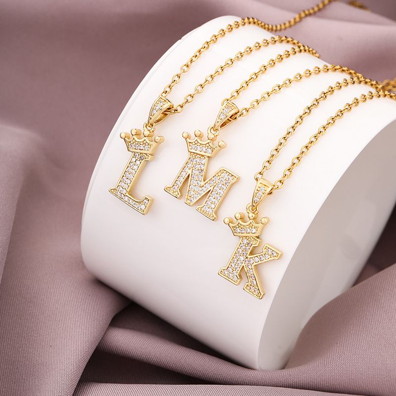 Simple Style Letter Crown Stainless Steel Rhinestone Plating Pendant Necklace 1 Piece