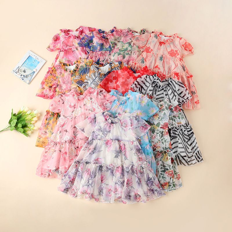 Cute Stripe Flower Cotton Girls Dresses