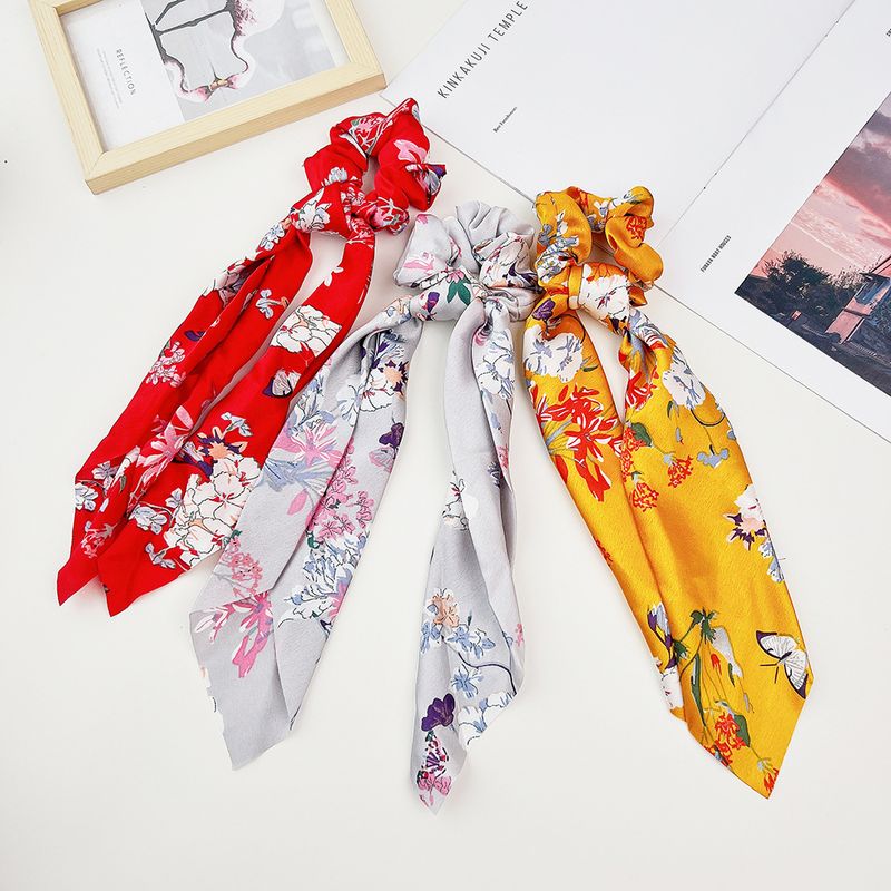 Fashion Flower Satin Printing Pleated Hair Tie 1 Piece