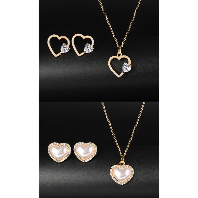 1 Set Fashion Heart Shape Alloy Plating Artificial Pearls Zircon 18k Gold Plated Unisex Earrings Necklace