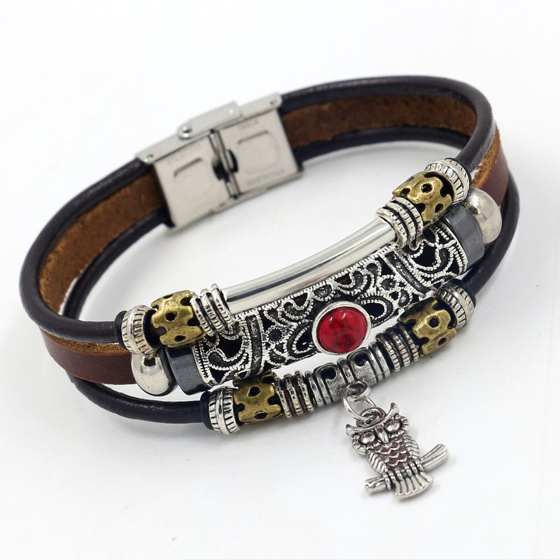1 Piece Ethnic Style Owl Stainless Steel Alloy Leather Handmade Men's Bracelets