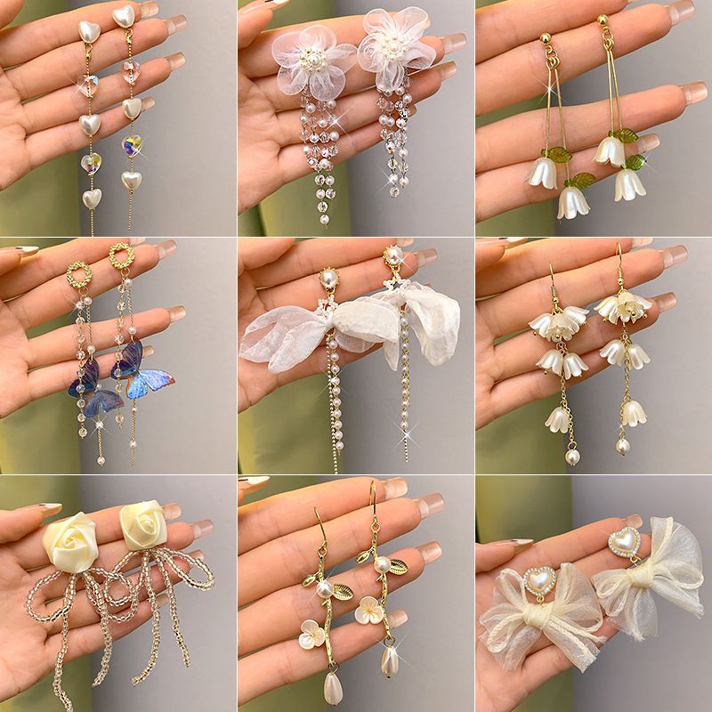 1 Pair Sweet Flower Bow Knot Alloy Beaded Inlay Rhinestones Pearl Women's Drop Earrings