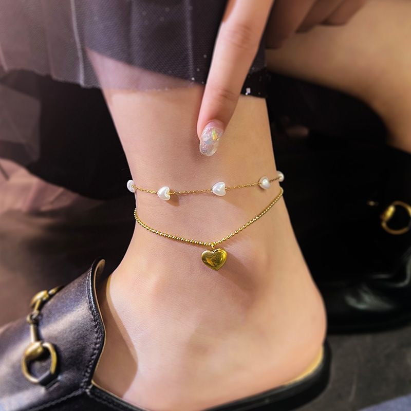 Mode Herzform Titan Stahl Eingelegte Perlen Vergoldet Valentinstag Frau Fußkettchen