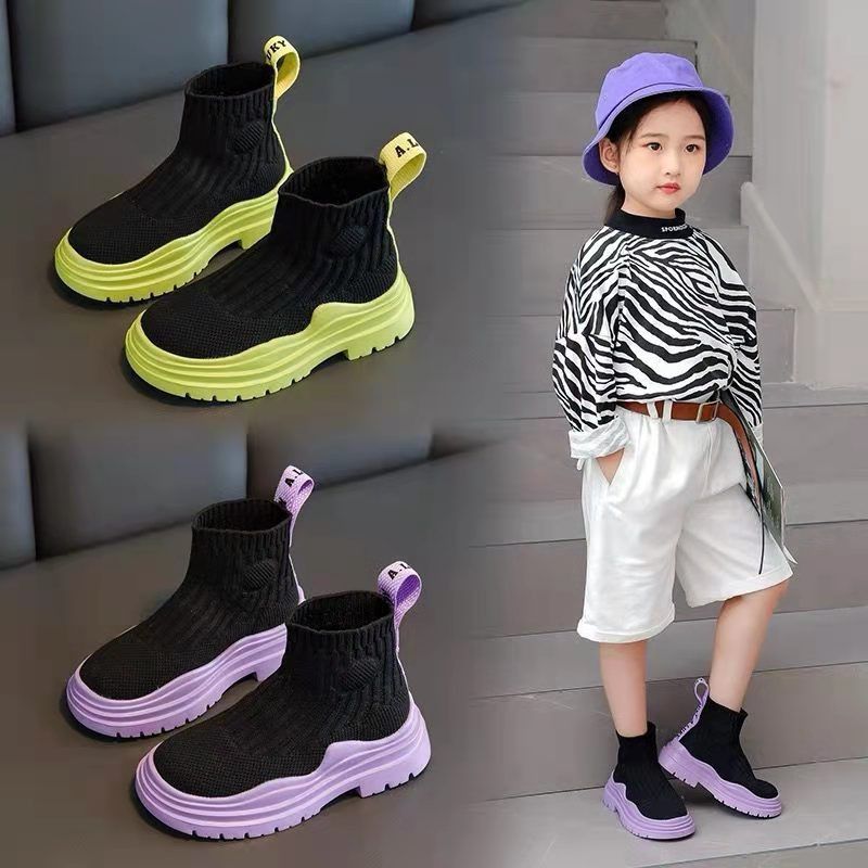 Kid's Fashion Solid Color Round Toe Sock Boots
