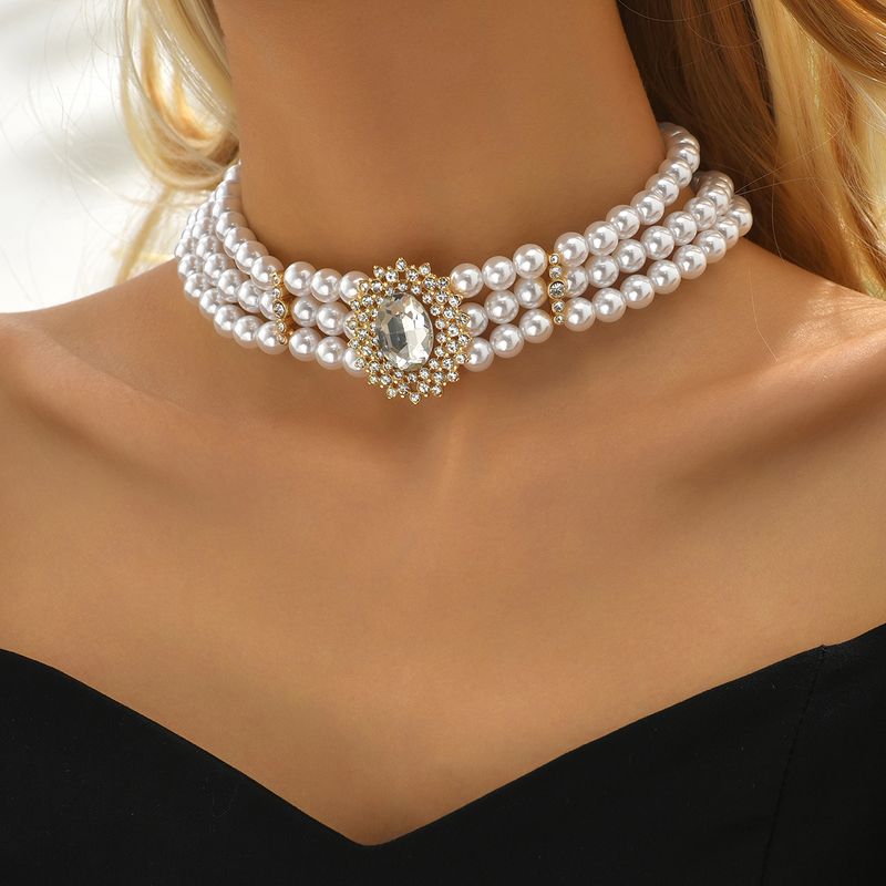 1 Pieza Moda Oval Perla De Imitación Con Cuentas En Capas Embutido Diamantes De Imitación Mujeres Gargantilla