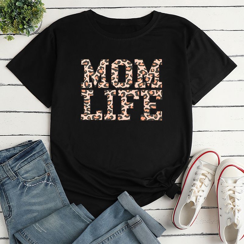 Women's T-shirt Short Sleeve T-shirts Printing Casual Mama Letter Leopard