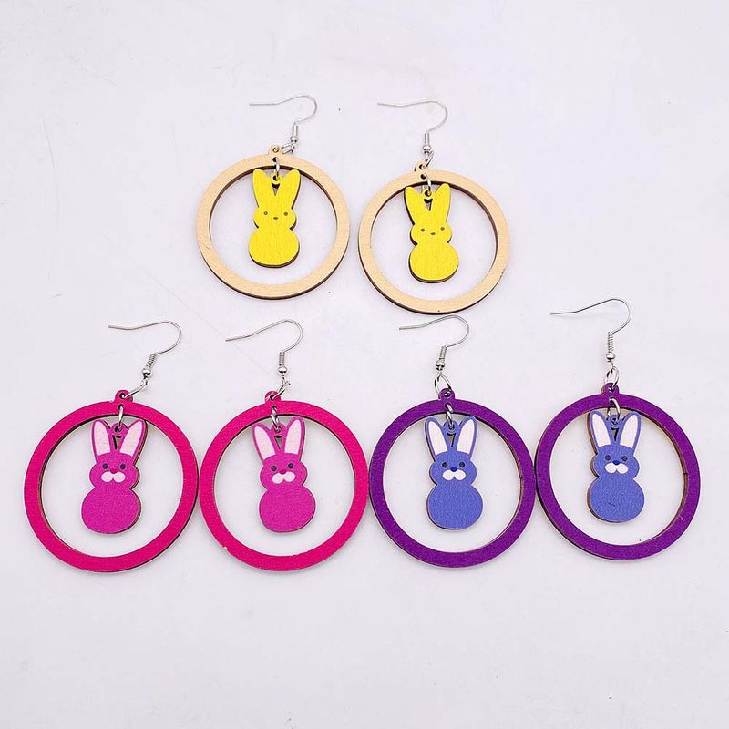 1 Pair Fashion Rabbit Round Wood Hollow Out Easter Women's Drop Earrings