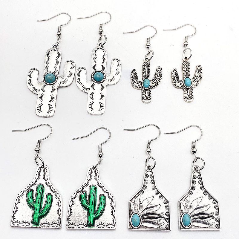 1 Paire Mode Cactus Métal Incruster Turquoise Femmes Boucles D'oreilles