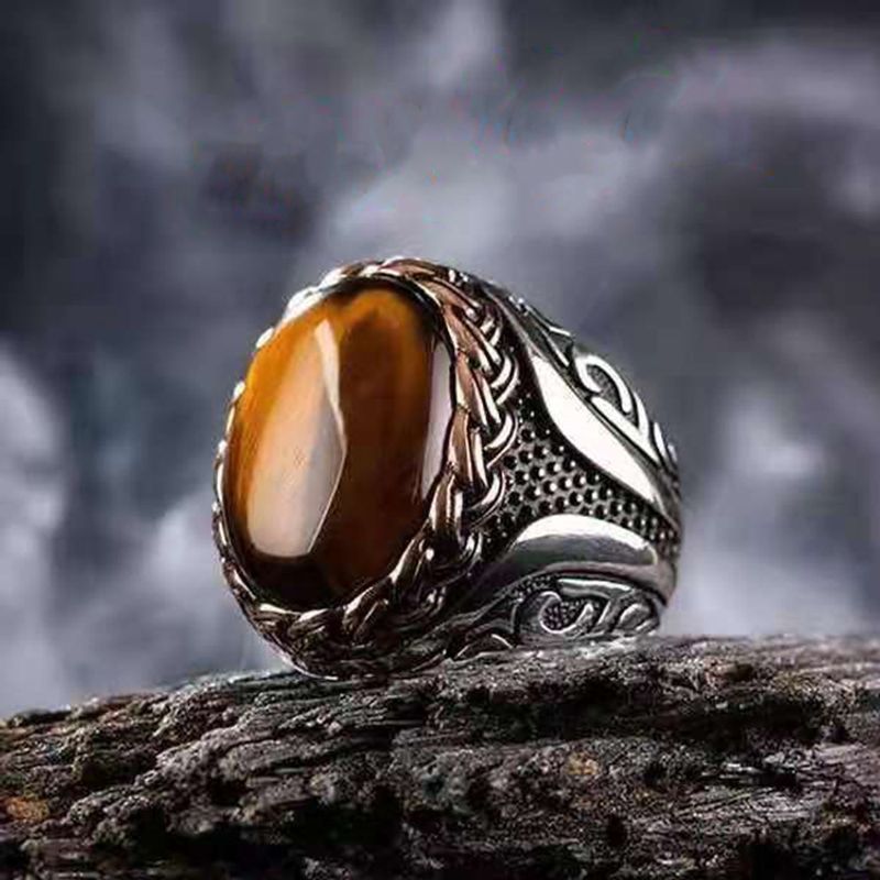 Retro Round Zinc Alloy Plating Inlay Natural Stone Men's Rings 1 Piece
