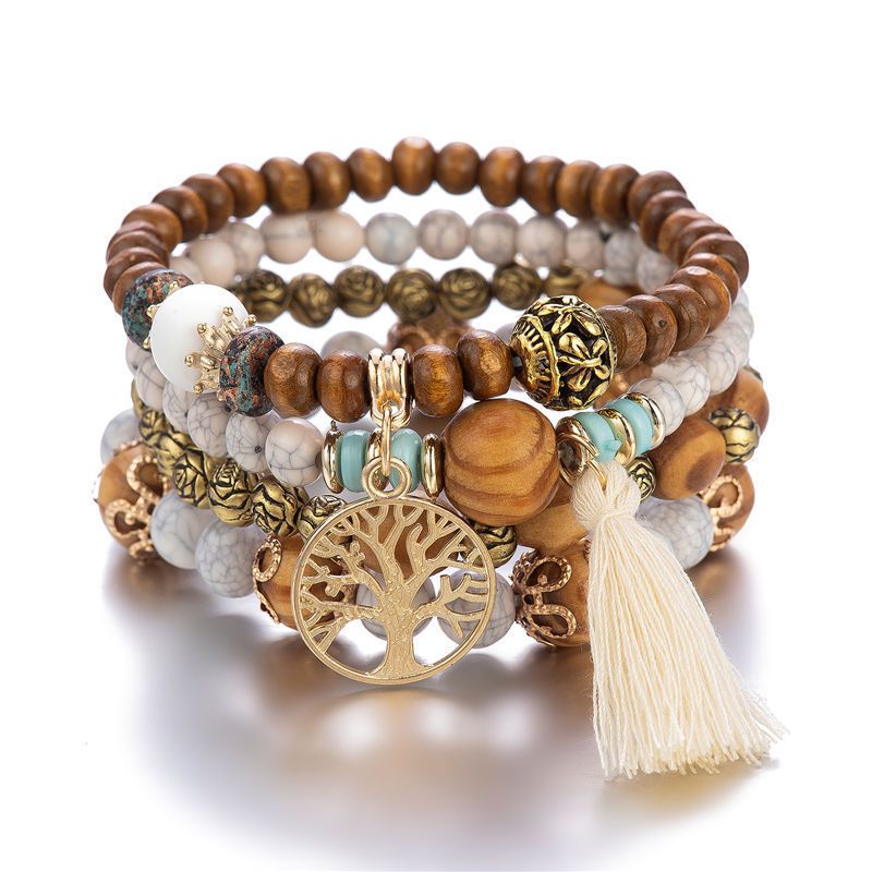 Bohemien Geometrisch Baum Holz Perlen Frau Armbänder