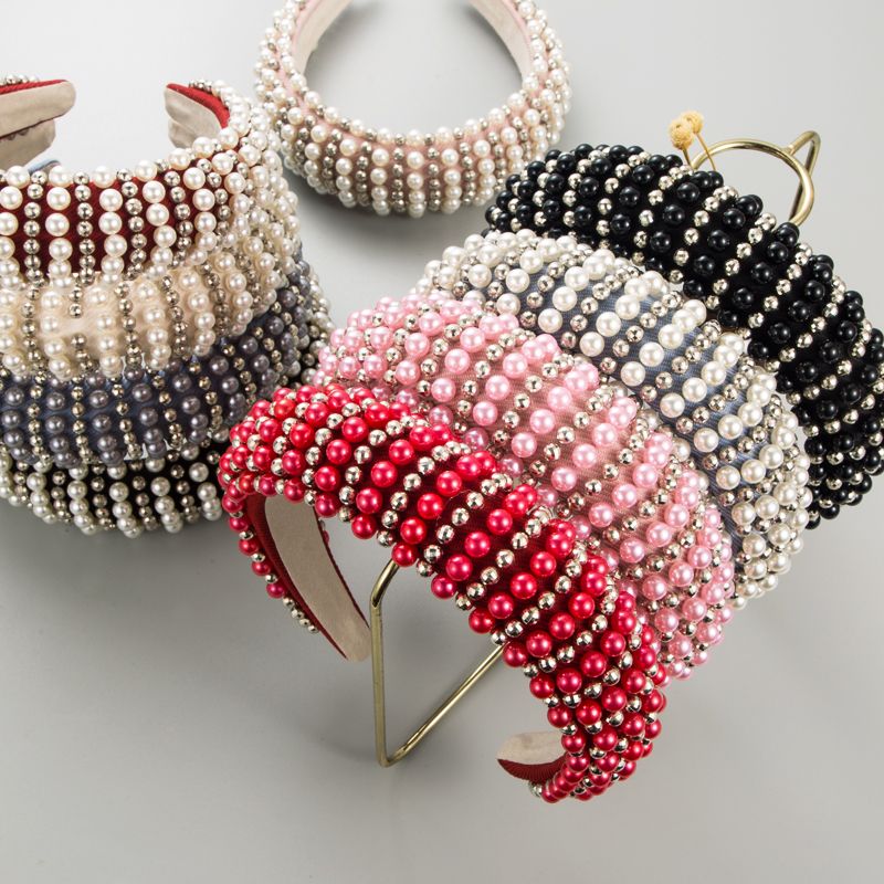 Europäische Und Amerikanische Mode Verdicktes Schwamm Perlen Kopfband Damen Netz Rot Retro Stirnband Hohe Kranielle Haarschmuck