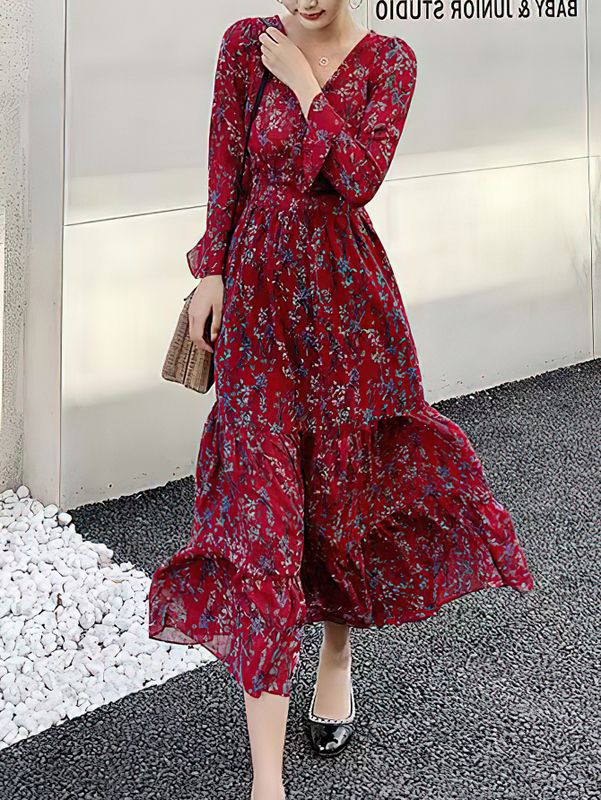 امرأة تنورة على شكل حرف A أنيق عطلة رعوي رقبة على شكل V متعدد الطبقات كم طويل الأزهار ديتسي فستان طويل ماكسي اليومي