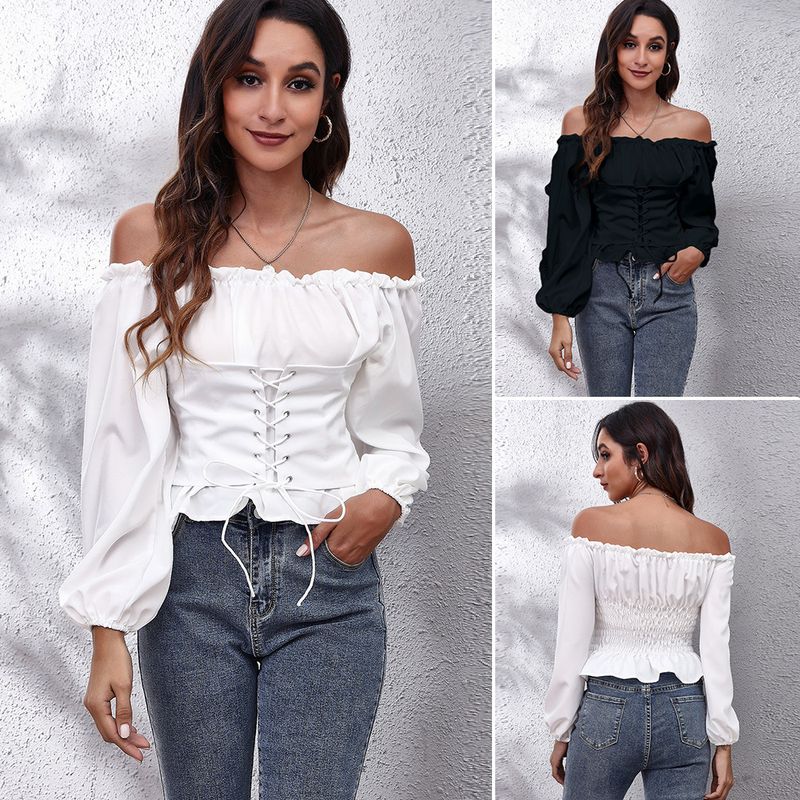 Femmes Chemise En Mousseline Manche Longue Blouses Plissé Décontractée Mode Couleur Unie