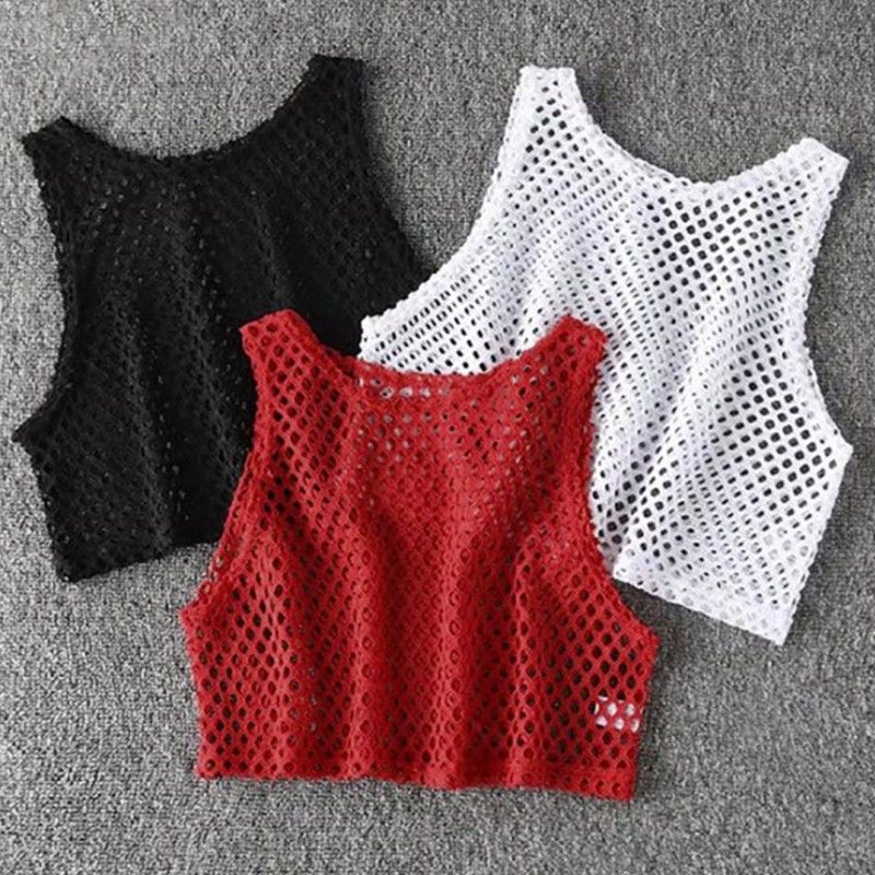 Sexy Solid Color Polyester Round Neck Mesh Hollow Out Eyelet Top