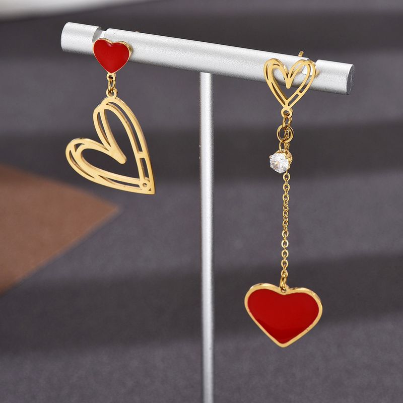 1 Pair Fashion Romantic Korean Style Heart Shape Enamel 304 Stainless Steel Artificial Rhinestones 14K Gold Plated Drop Earrings