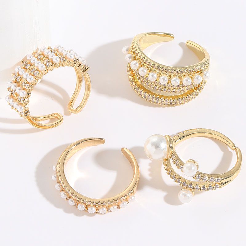 Fashion C Shape Copper 14k Gold Plated Artificial Pearls Zircon Open Ring In Bulk