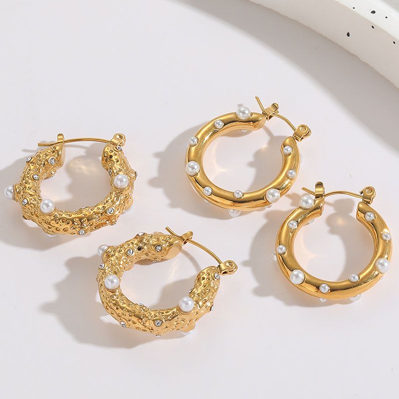 1 Pair Retro Solid Color Plating Inlay 304 Stainless Steel Artificial Pearls Zircon Hoop Earrings