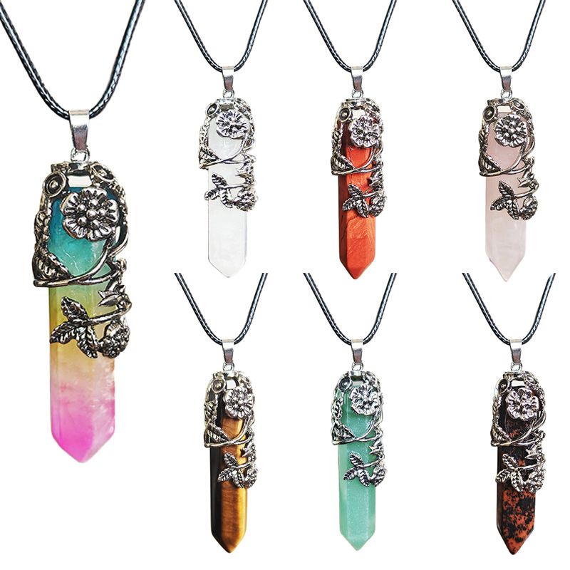 Foreign Trade Ornament Natural Stone Bullet Crystal Single Tip Hexagon Prism Pendant Rose Plum Necklace