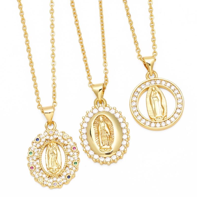 1 Piece Retro Round Copper Plating Inlay Zircon Pendant Necklace