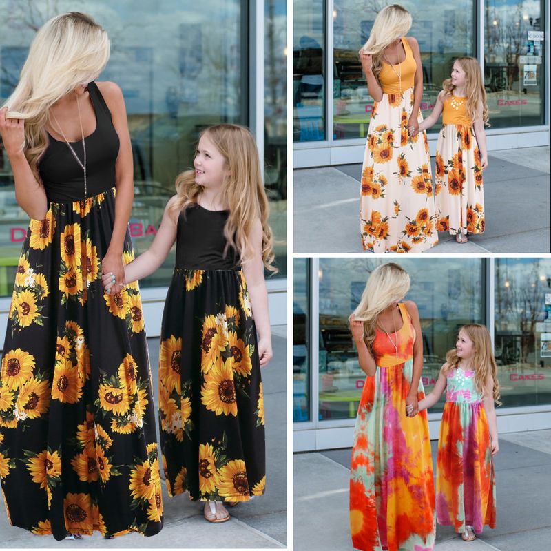 Fashion Printing Polyester Skirt Sets Midi Dress Family Matching Outfits