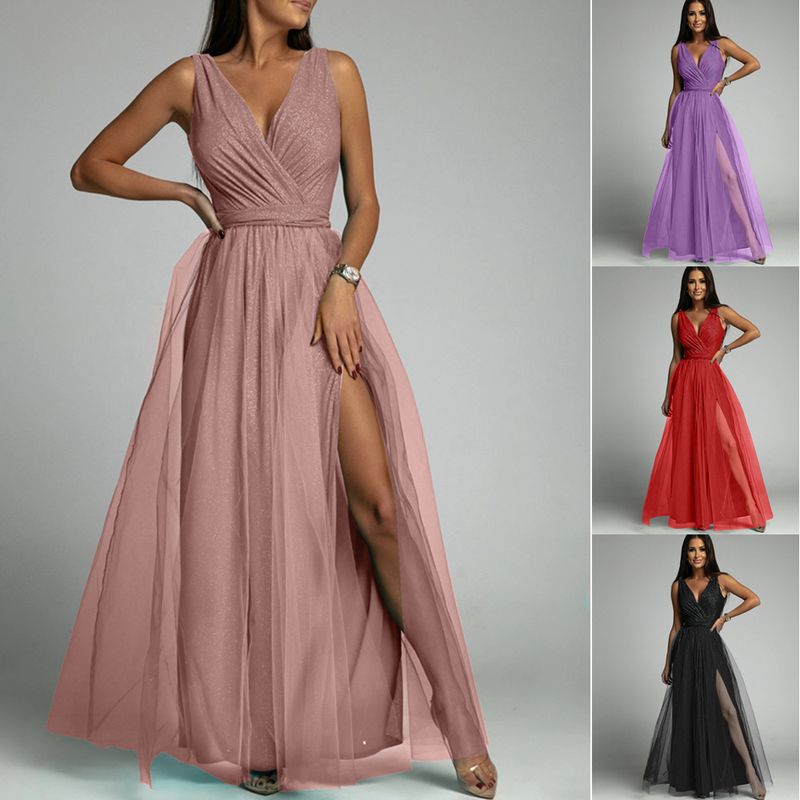 Sexy Solid Color V Neck Sleeveless Sequins Spandex Polyester Maxi Long Dress Princess Dress