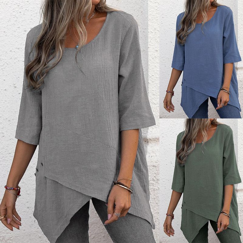 Women's Blouse Short Sleeve Blouses Patchwork Simple Style Solid Color