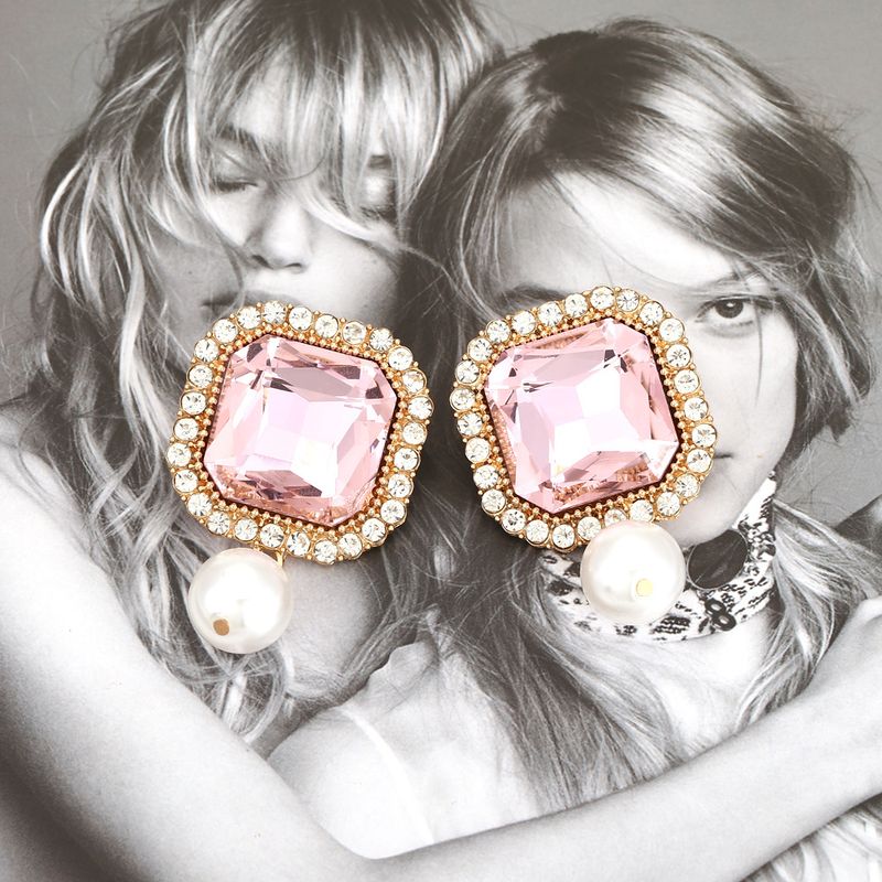 1 Par Moda Cuadrado Aleación Embutido Cristal Diamantes De Imitación Perla Mujeres Pendientes De Gota