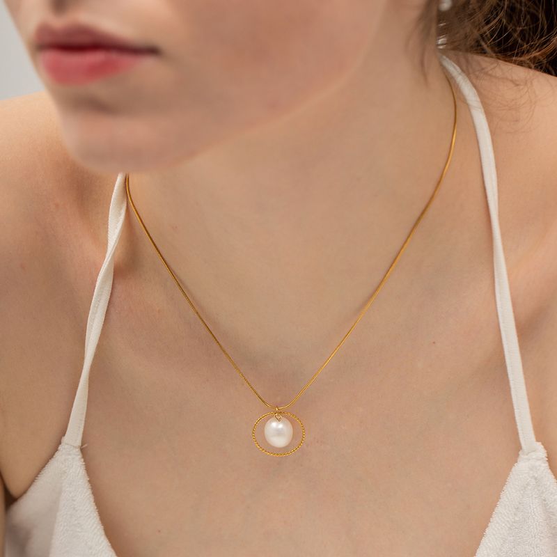 Ins Style Simple Style Circle Stainless Steel Pearl Plating 18k Gold Plated Pendant Necklace