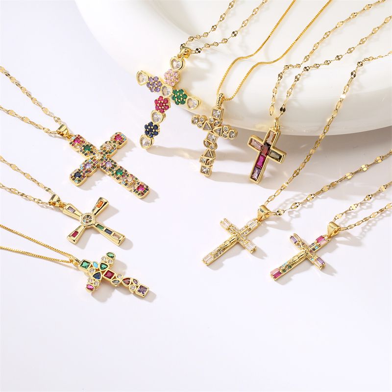 Mode Kreuzen Kupfer Überzug Inlay Zirkon Vergoldet Halskette Mit Anhänger