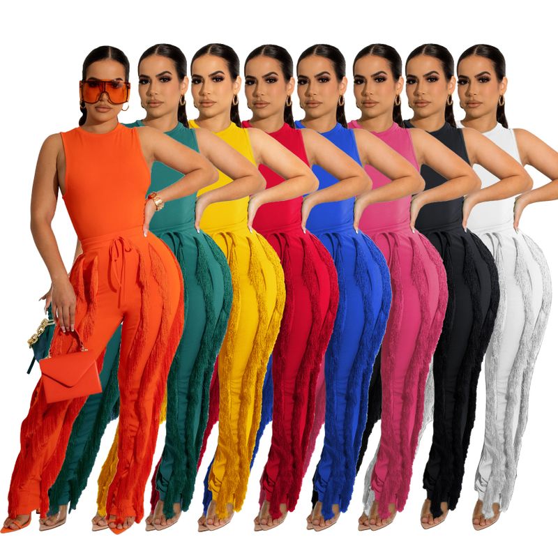 Women's Casual Solid Color Spandex Polyester Patchwork Tassel Pants Sets