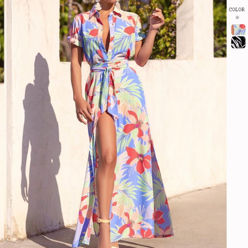 Women's Shirt Dress Bohemian Turndown Printing Short Sleeve Leaves Flower Maxi Long Dress Daily