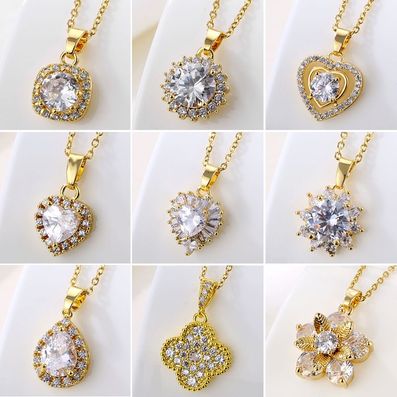 Fashion Water Droplets Heart Shape Snowflake Stainless Steel Inlay Zircon 18k Gold Plated Gold Plated Pendant Necklace