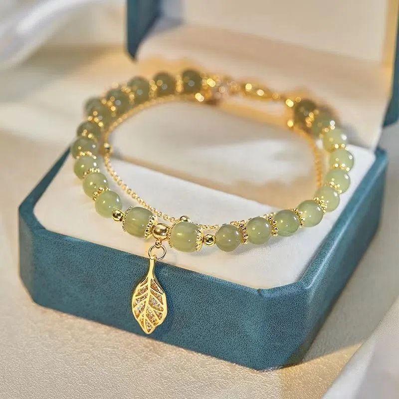 Chinoiserie Leaf Flower Peanut Glass Beaded Women's Bracelets