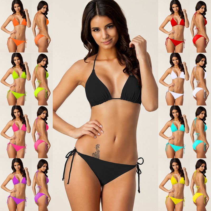 Conjunto Bikinis De 2 Piezas De Color Liso Para Mujer