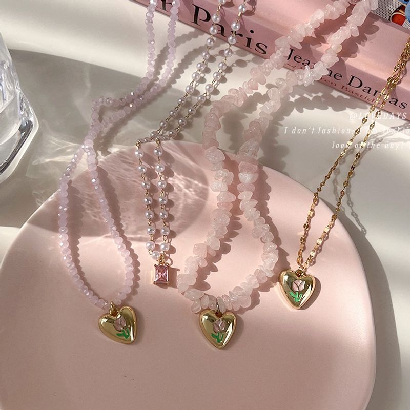 Fashion Heart Shape Flower Beaded Alloy Enamel Women's Pendant Necklace