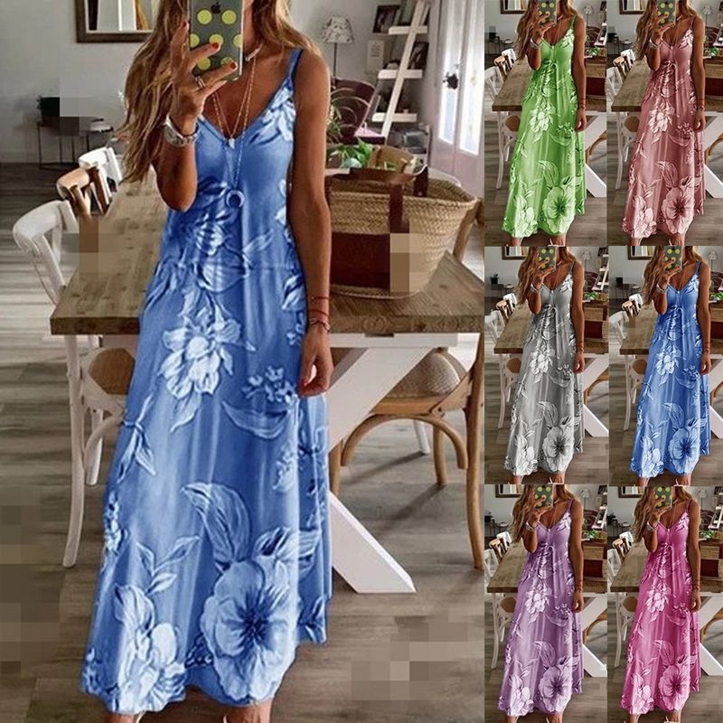 Women's Sundress Casual V Neck Printing Sleeveless Flower Maxi Long Dress Daily