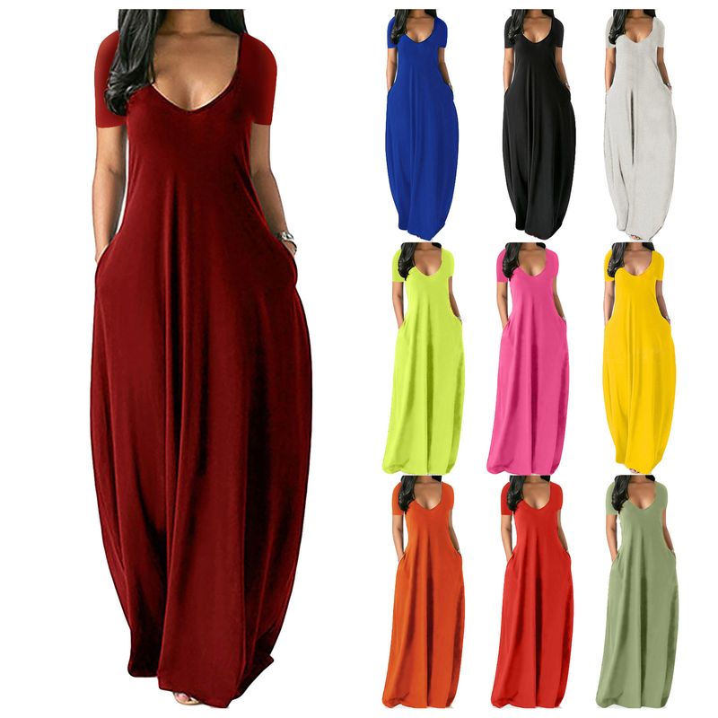 Women's Regular Dress Vacation Deep V V-opening Short Sleeve Solid Color Maxi Long Dress Beach