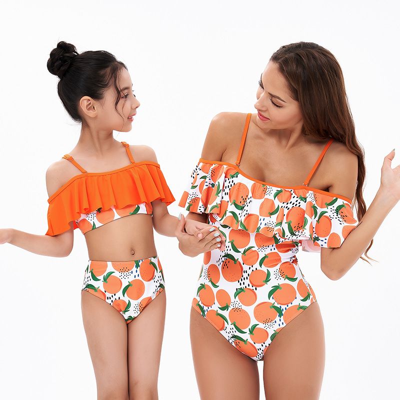 Mother And Daughter Simple Colorblock Nylon Polyester Swimsuit