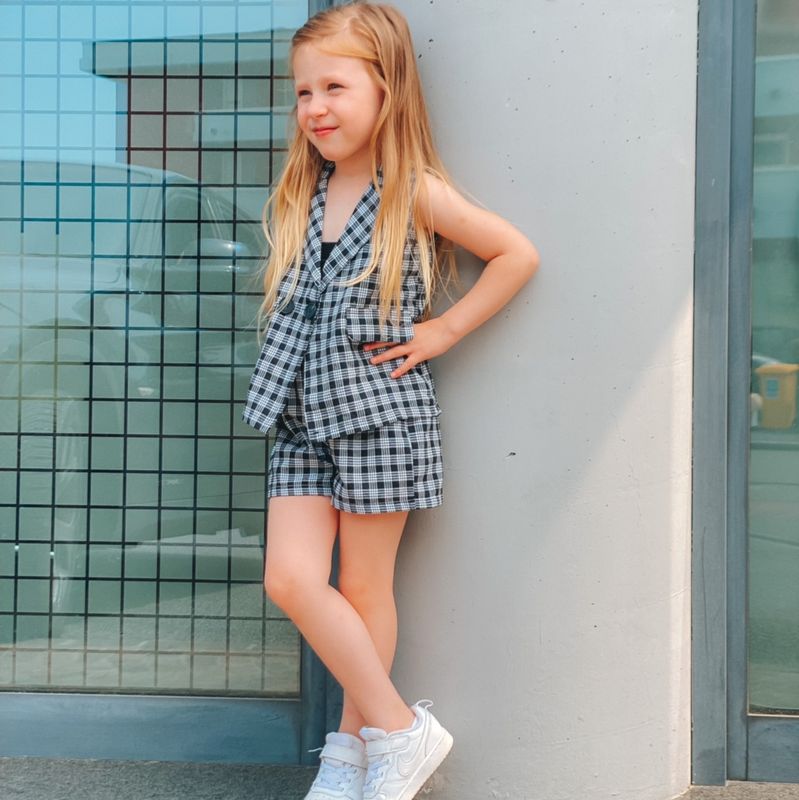 Cute Houndstooth Plaid Elastic Waist Cotton Blend Girls Clothing Sets