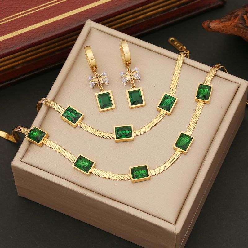 Rostfreier Stahl 18 Karat Vergoldet Elegant Überzug Inlay Quadrat Künstliche Edelsteine Armbänder Ohrringe Halskette