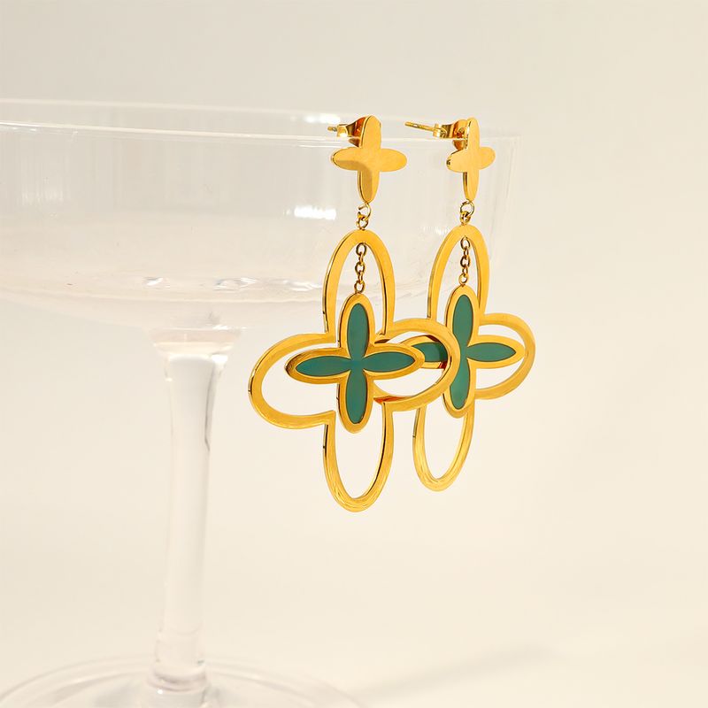 Wholesale 1 Pair Fashion Four Leaf Clover Titanium Steel 18k Gold Plated Drop Earrings