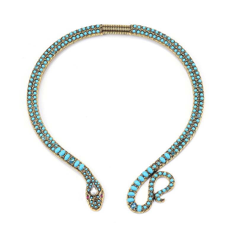 1 Pieza Retro Serpiente Perla De Imitación Aleación Turquesa Embutido Diamantes De Imitación Mujeres Collar