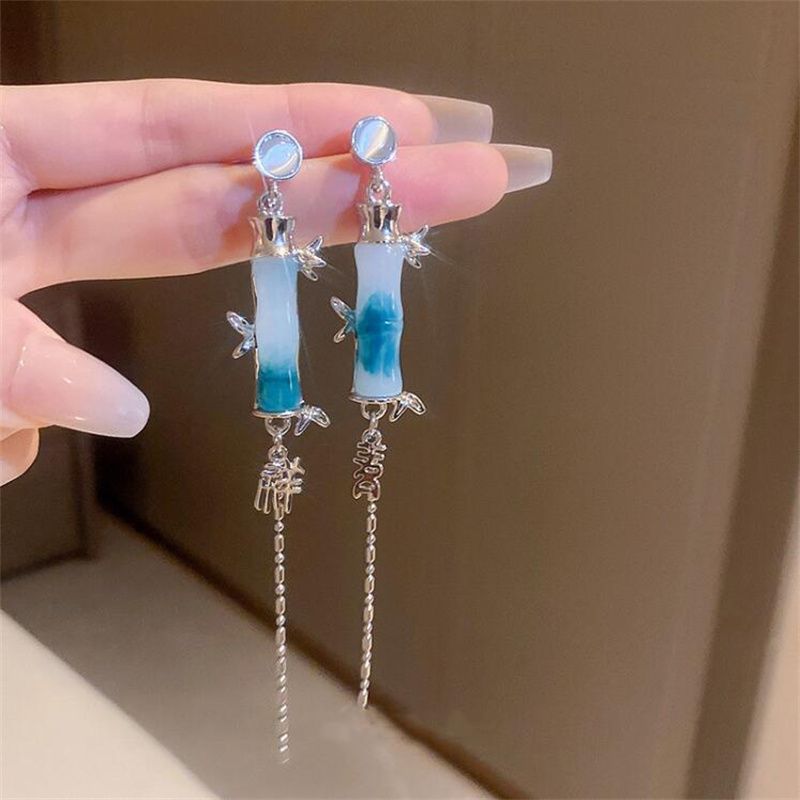 Wholesale Jewelry 1 Pair Chinoiserie Bamboo Alloy Opal Silver Plated Drop Earrings