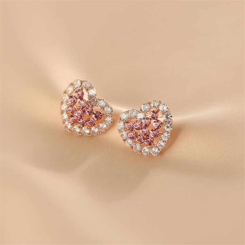 Wholesale Jewelry 1 Pair Sweet Heart Shape Alloy Rhinestones Gold Plated Ear Studs