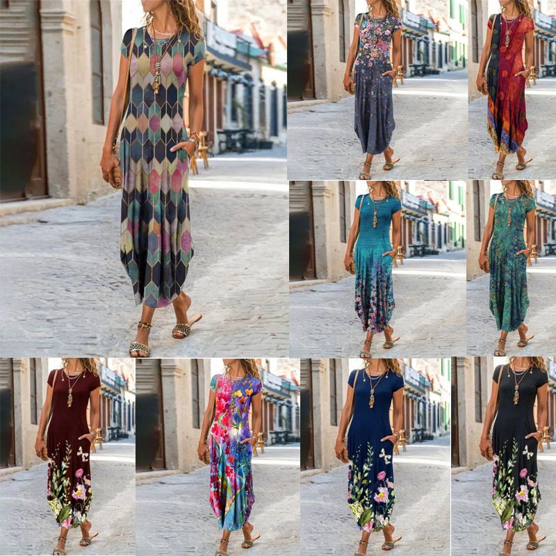 Women's A-line Skirt Vintage Style Round Neck Printing Short Sleeve Color Block Flower Maxi Long Dress Holiday Street